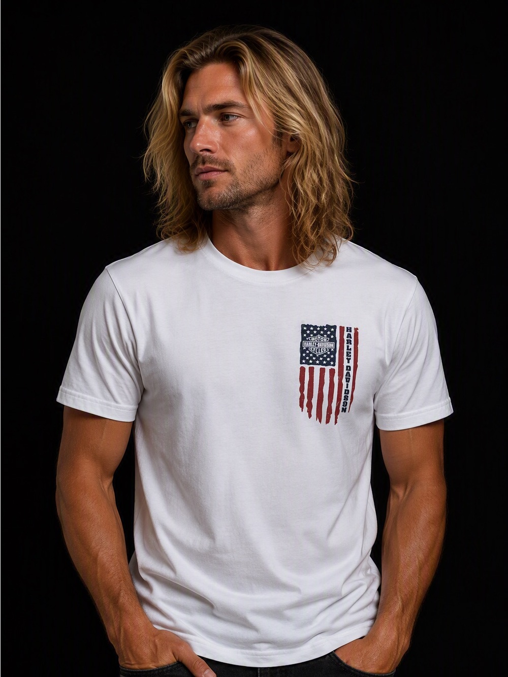 Harley-Davidson White Short-Sleeve Tee with Red & Blue Flag Graphic